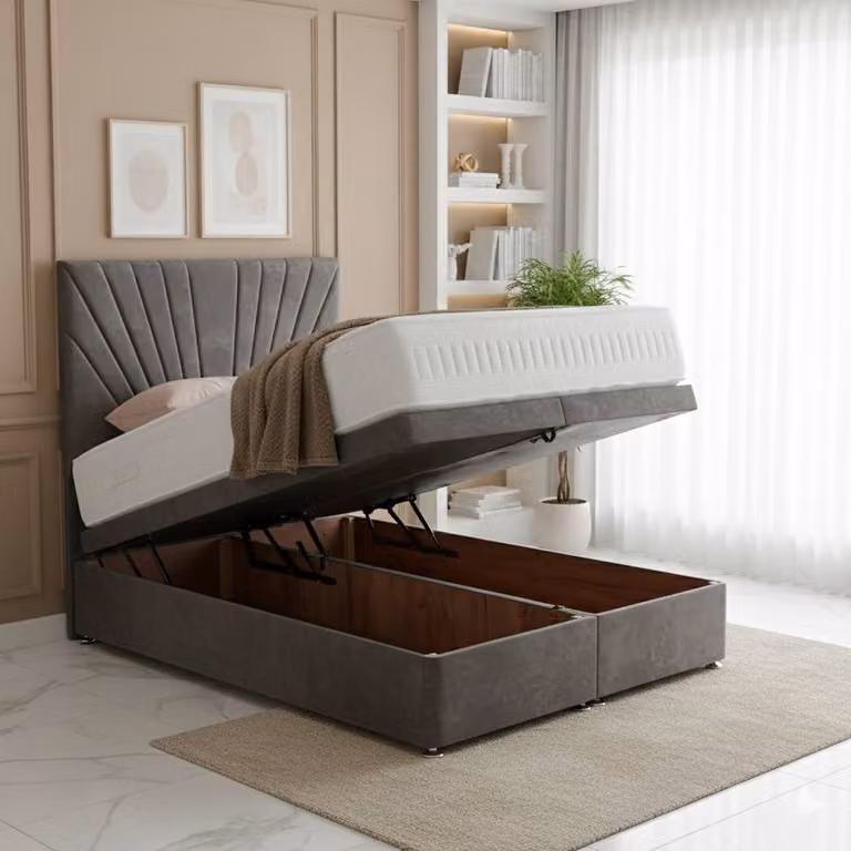BSSPOKE Maria Ottoman Divan Bed in Grey Plush Velvet with 54 inch Headboard, W/D/H: 120 x 200 cm