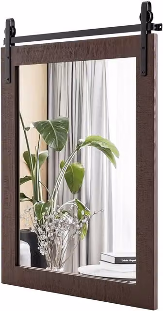 Costway Rectangular Rustic Brown Wood and Glass Hanging Barn Door Vanity Mirror