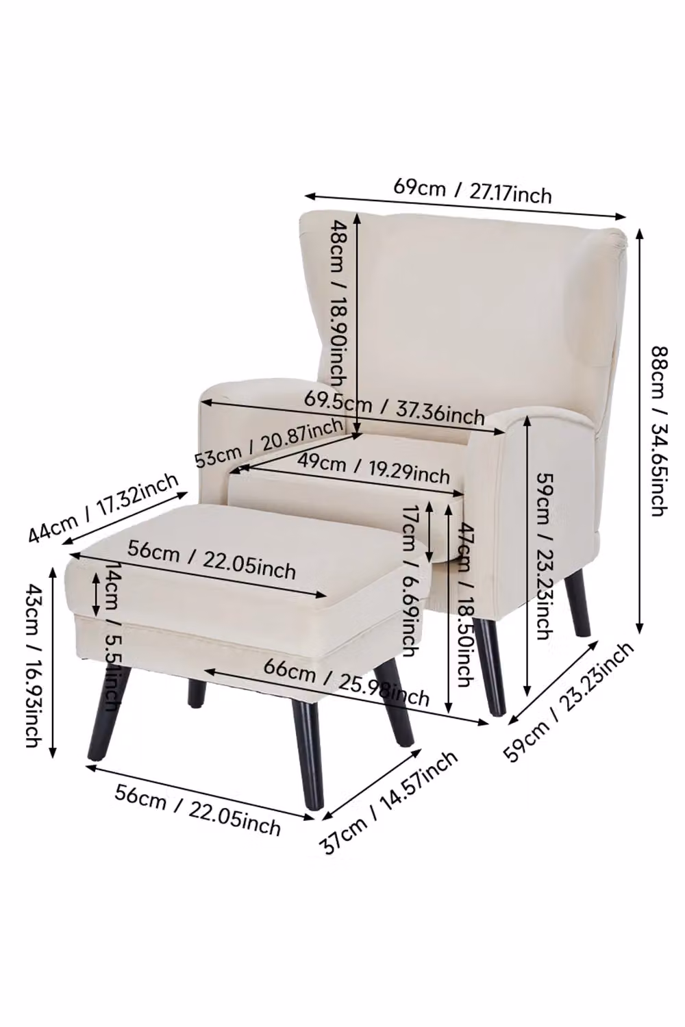 Living and Home Modern Velvet Upholstered Tub Armchair with Matching Footstool in Beige – 2