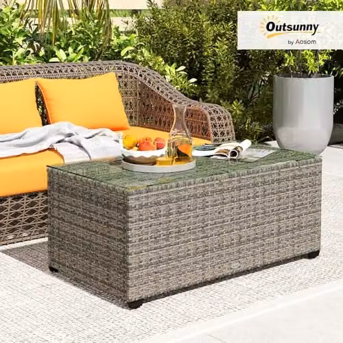 Outsunny Outdoor Rattan Coffee Table with Glass Top, Dark Grey, W/D/H: 90 x 50 x 38 cm – 2