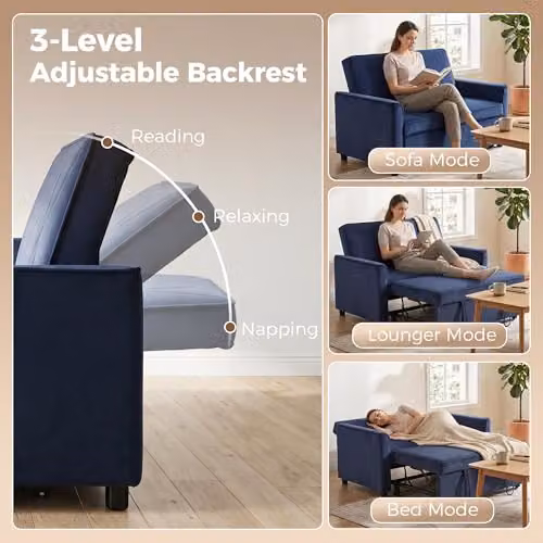 HOMCOM 2 Seater Velvet Sofa Bed in Dark Blue, 3-in-1 Click-Clack Sleeper Loveseat with Solid Wood Frame – 5