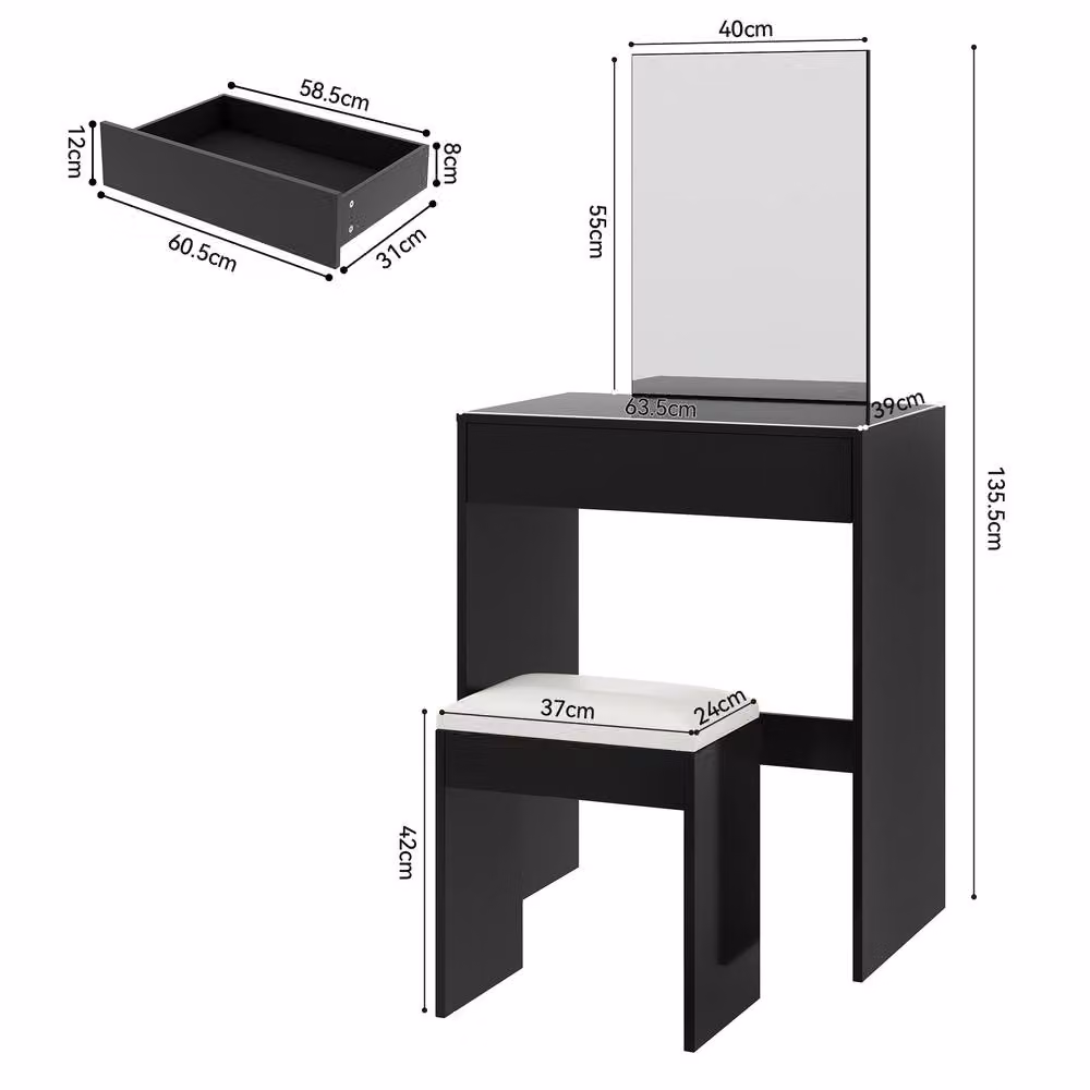 MCC Direct Tampa Dressing Table and Stool with Large Mirror and Drawer in Black – 4