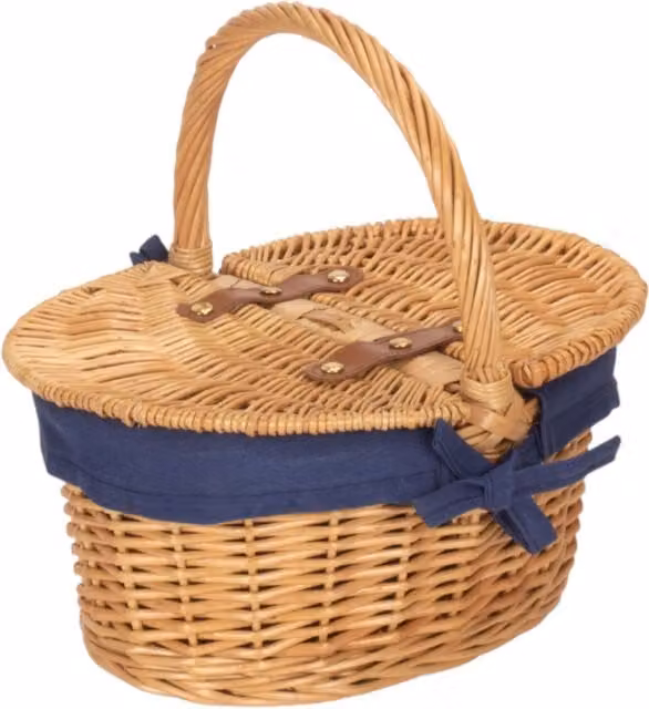 Red Wicker Child's Oval Lidded Picnic Basket with Handles in Blue and Brown
