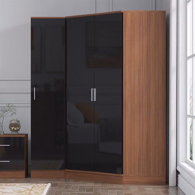 REFLECT Wardrobe Bundle featuring a 2 Door Corner and 1 Door Unit in Black Gloss and Matt Walnut