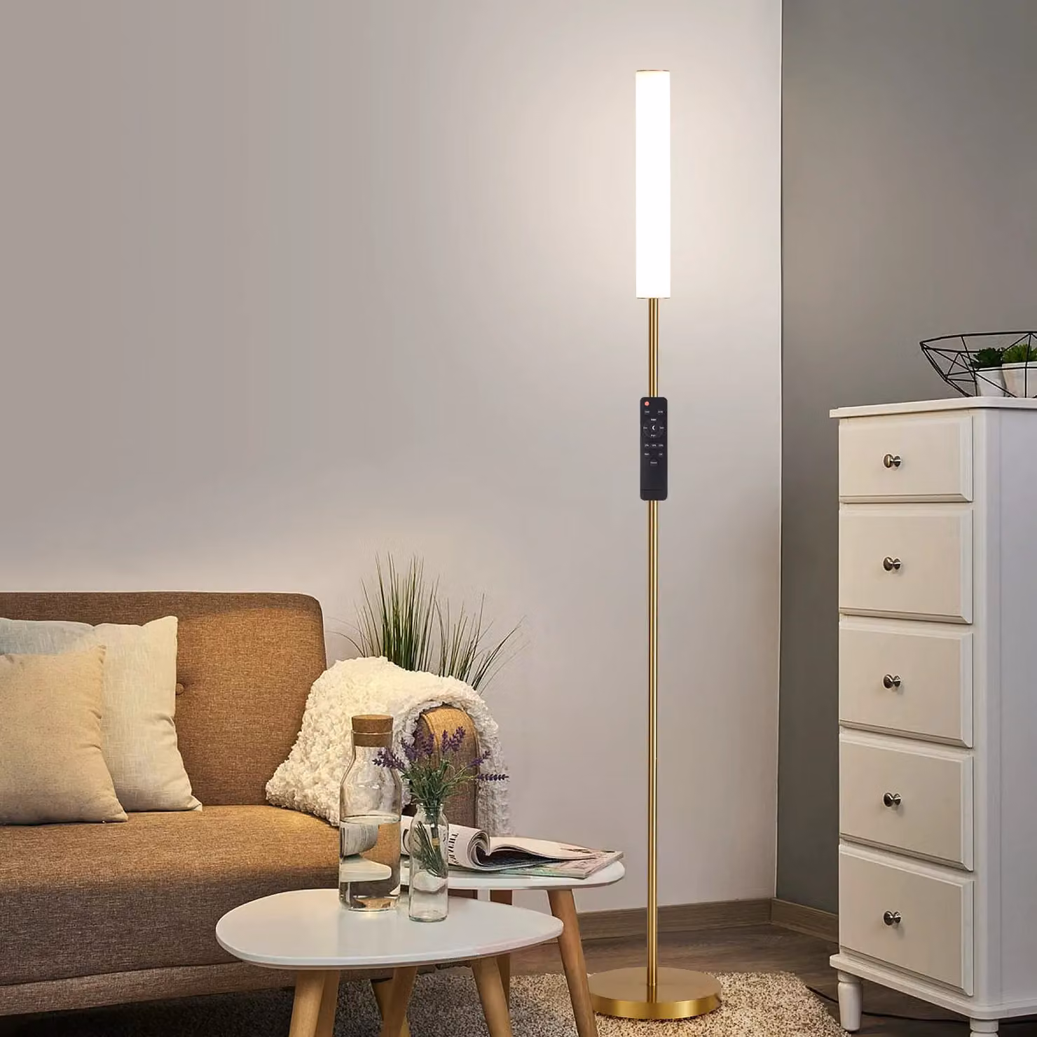 Harper Living Modern Brass LED Floor Lamp with Remote and Touch Control, Dimmable Gold Standing Reading Lamp with White Cylinder Shade – 2