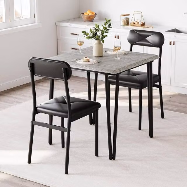London Boutique 3 Piece Dining Set with Square Kitchen Table and 2 Grey Upholstered Chairs