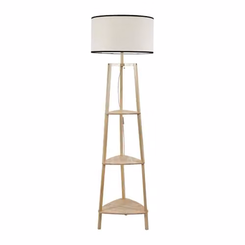 ValueLights Natural Wood 3 Tier Shelf Floor Lamp with Black Trim Drum Shade and LED Bulb