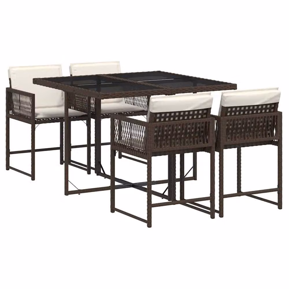 Berkfield Home 5 Piece Brown Poly Rattan Garden Dining Set with Cushions and Glass Top – 2