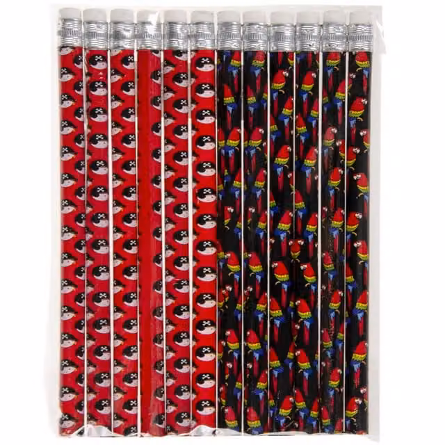 LG-Imports Pack of 12 Multicolour Pirate Design Graphite Pencils with Eraser and White Wood Finish
