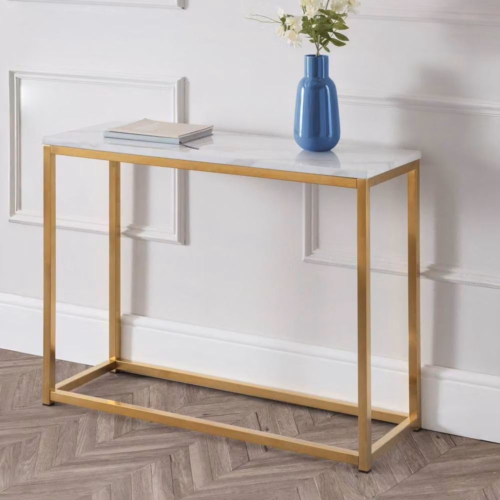 Cheshire Valenza Console Table in White Marble and Gold, W: 100.0 cm, D: 75.0 cm, H: 2.0 cm – 2