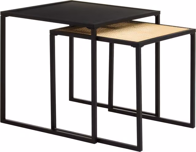 Orsina Modern Nest of Two Square Side Tables in Black Rattan and Metal – 2