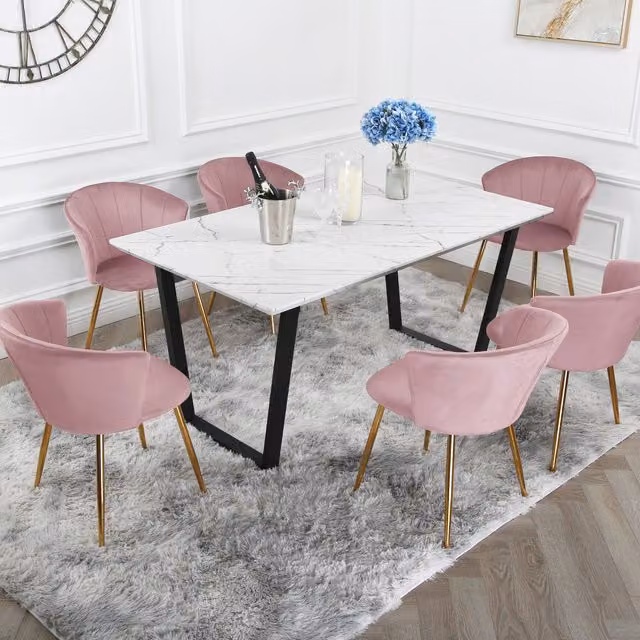 Home Garden Direct Atlas Marble Dining Table Set with 6 Pink Velvet Mill Chairs and Gold Legs