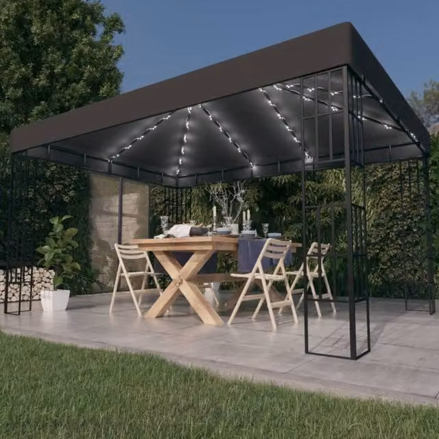 Berkfield Home Gazebo with LED String Lights, Anthracite and Black, W: 4.0 m, D: 3.0 m – 1