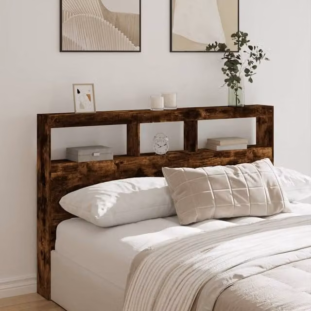 Berkfield Home Modern Smoked Oak Headboard Cabinet with LED Lighting and USB Charging Port, Brown, W: 160 cm, D: 17 cm, H: 102 cm