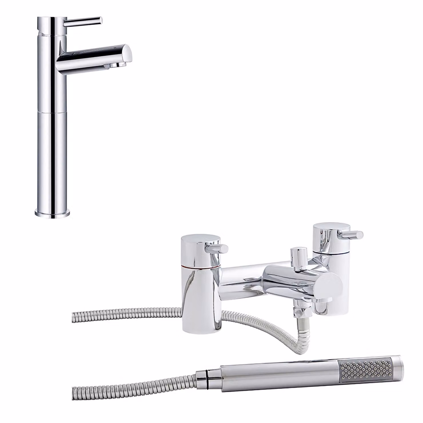Kartell Plan High Rise Mono Basin Mixer Tap and Bath Shower Mixer Set in Chrome Finish with Solid Brass Construction