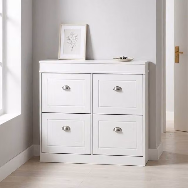 STILVORA Modern White Shoe Cabinet with 4 Internal Drawers and Adjustable Shelves – 1