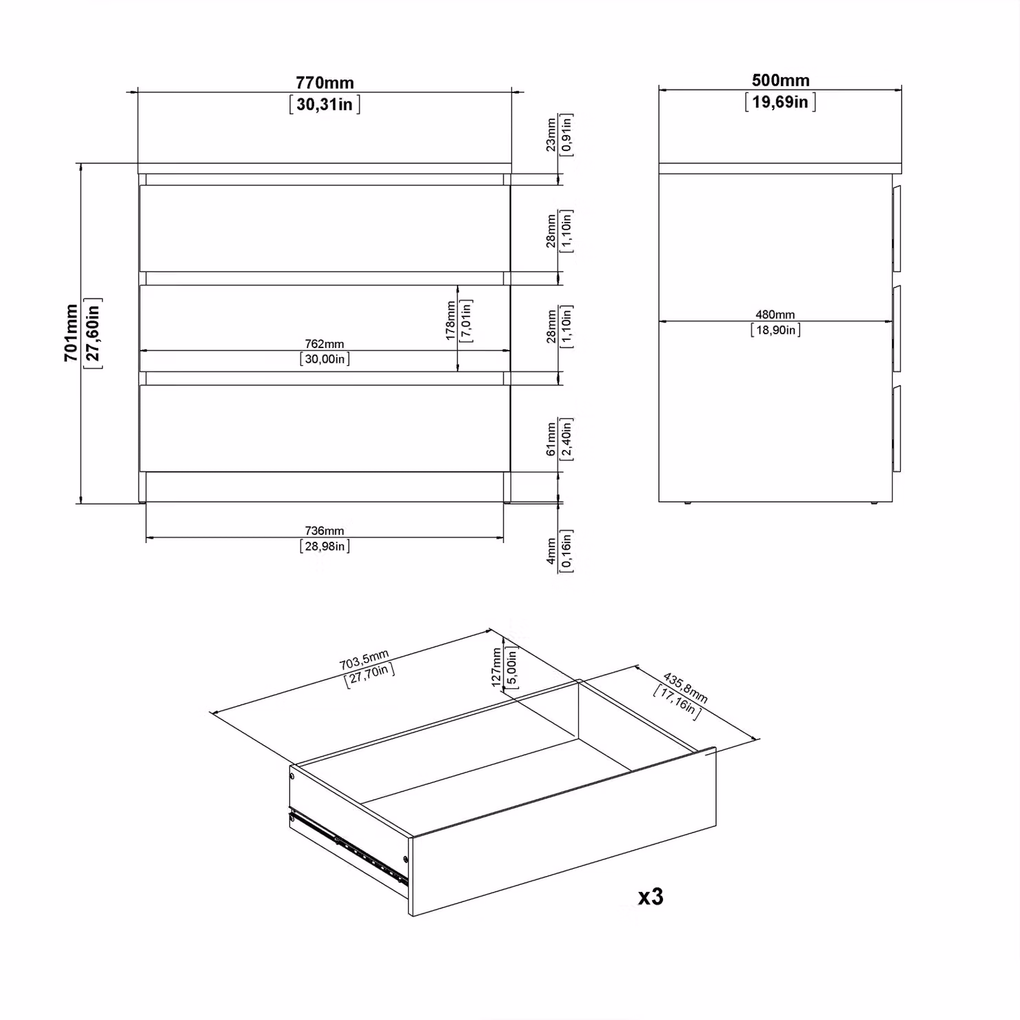Furniture To Go Naia White Glossy 3 Drawer Chest of Drawers