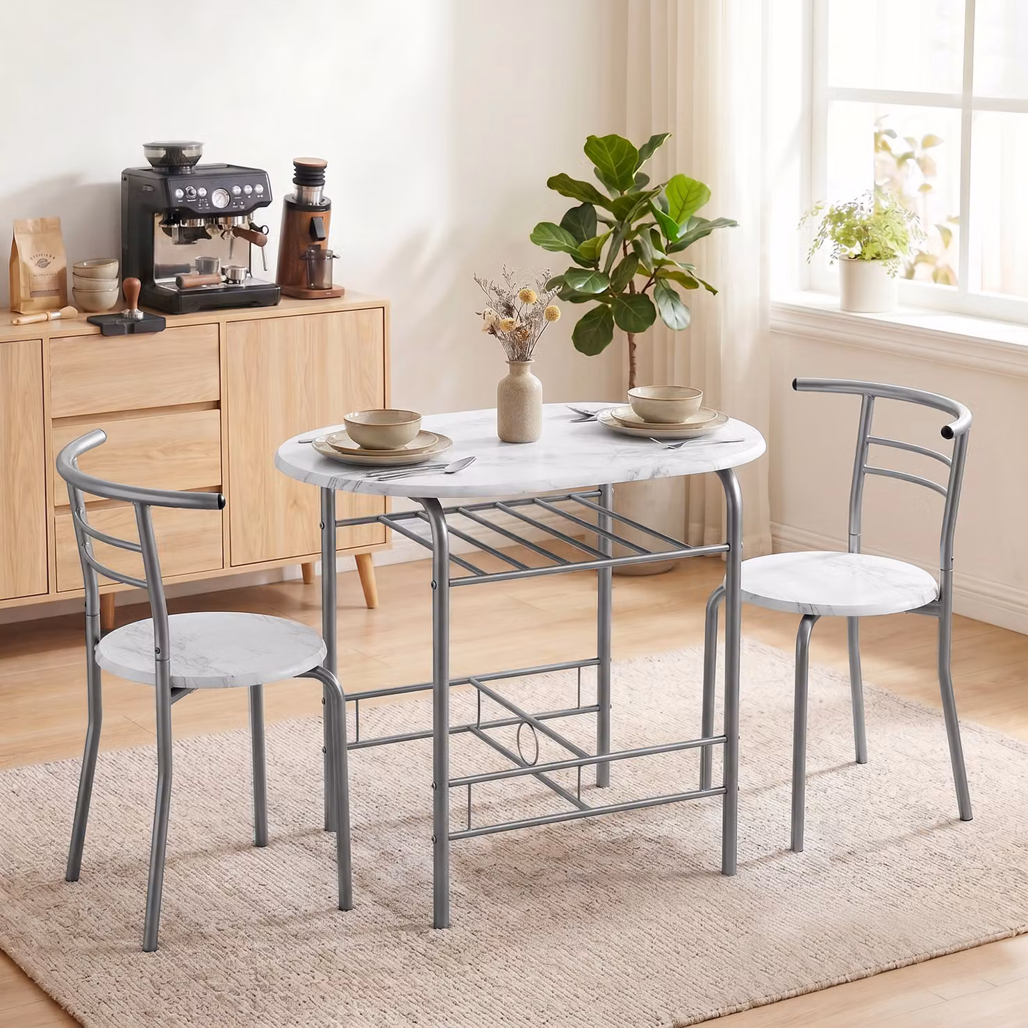 HOMCOM Three-Piece Modern Dining Set with White and Silver Marble Effect Table and Chairs – 2