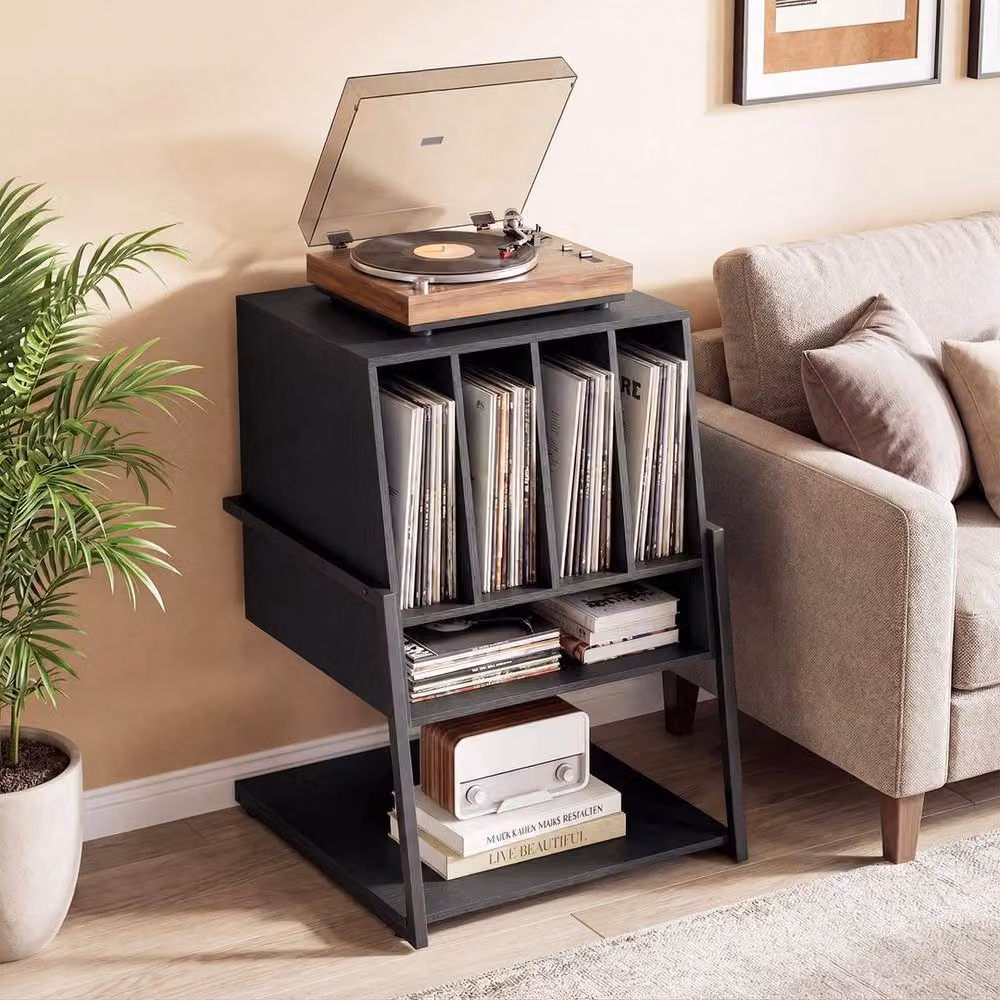 Kelvenix Modern Black Metal Record Player Stand and Storage Table – 3