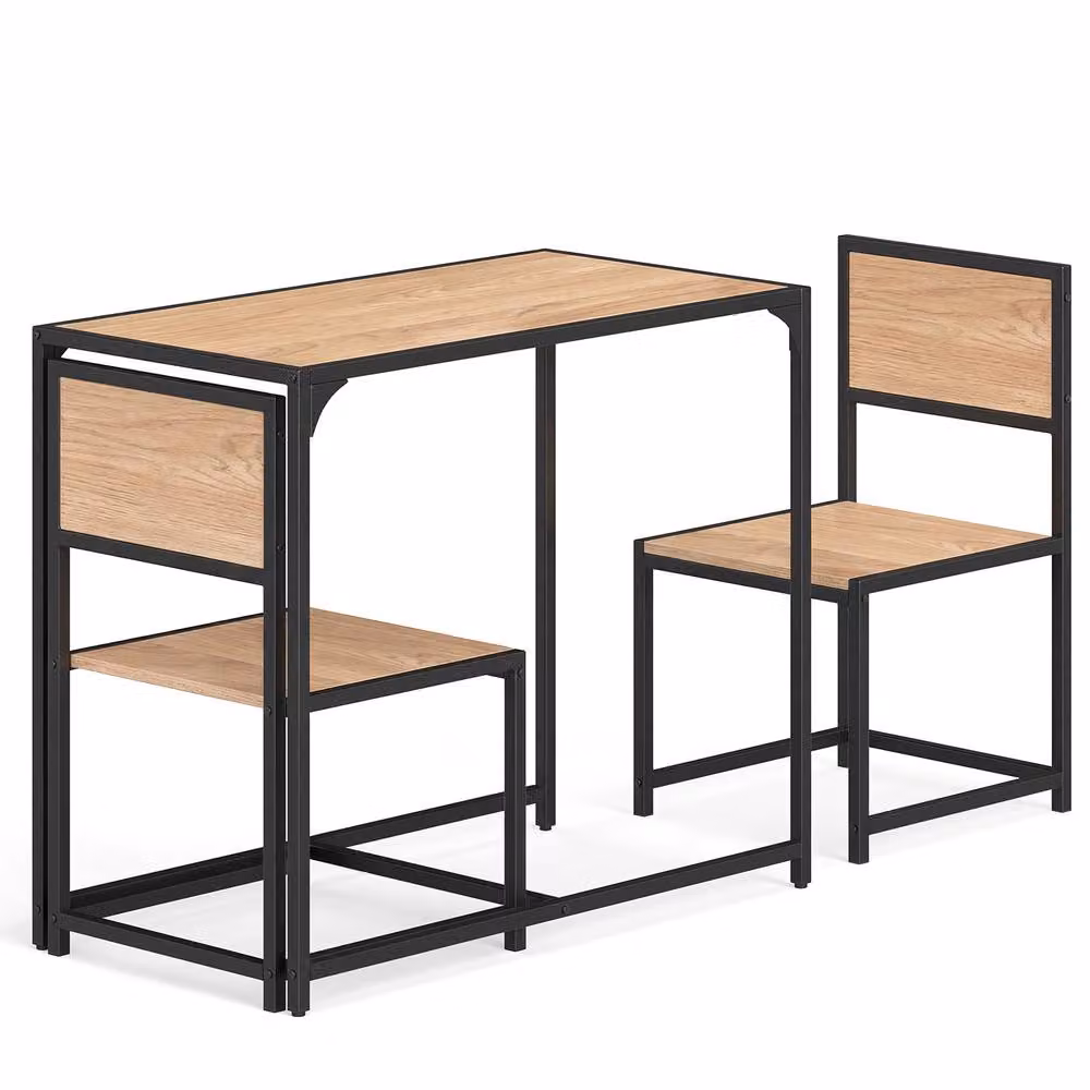 Costway Industrial 3-Piece Dining Set with Rectangular Wood Table and 2 Chairs in Brown and Sand – 2