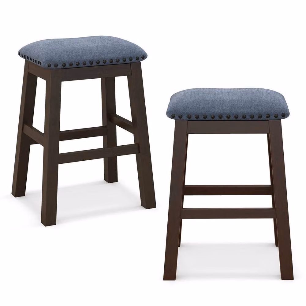 EONLION Set of 2 Blue Fabric Bar Stools with Rubberwood Legs, Height: 100 cm – 4