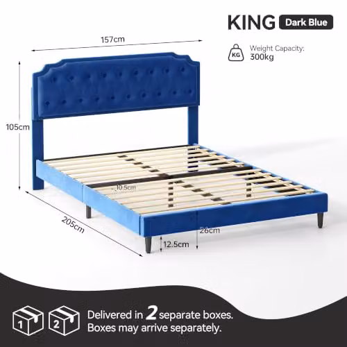 MCC Direct Chelsey Blue Velvet Upholstered King Size Bed Frame with Tufted Headboard W/D/H: 180 x 200 x 115 cm – 2