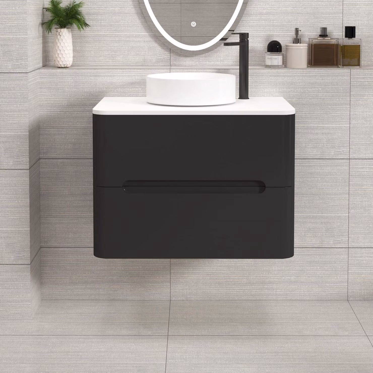 Royal Bathrooms Venice 700mm Wall Hung Vanity Unit in Matt Nocturne Black with 2 Drawers, Plain White Worktop and Art Basin