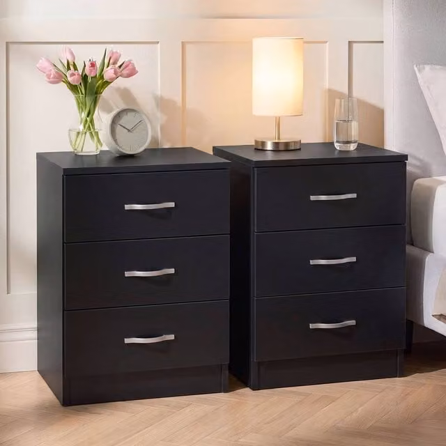 Vida Designs Riano 3 Drawer Bedside Chest Set of 2 in Black