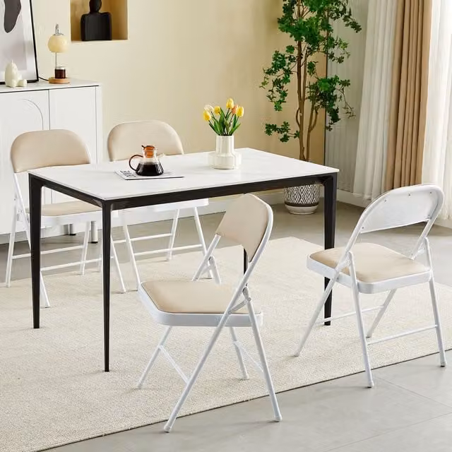 MCC Direct Set of 4 Modern Folding Dining Chairs with Metal Frame and Beige Padded Seats