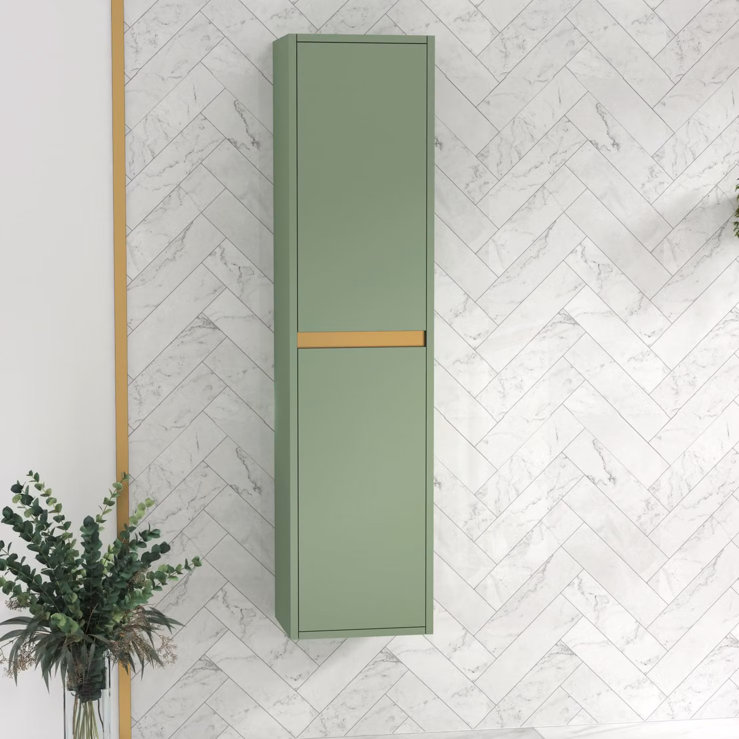 Royal Bathrooms Orion 1440mm 2-Door Wall Hung Tall Boy Bathroom Cabinet in Green and Oak