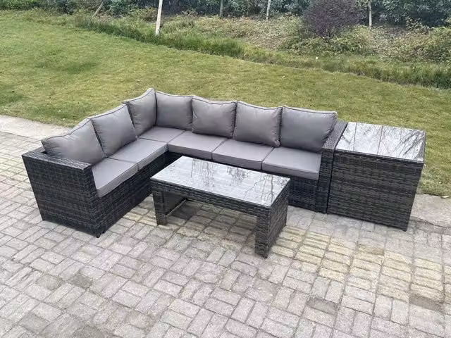 Fimous 6 Seater Rattan Corner Sofa Set with Rectangular Coffee Table and Side Table, Left Hand, Dark Grey