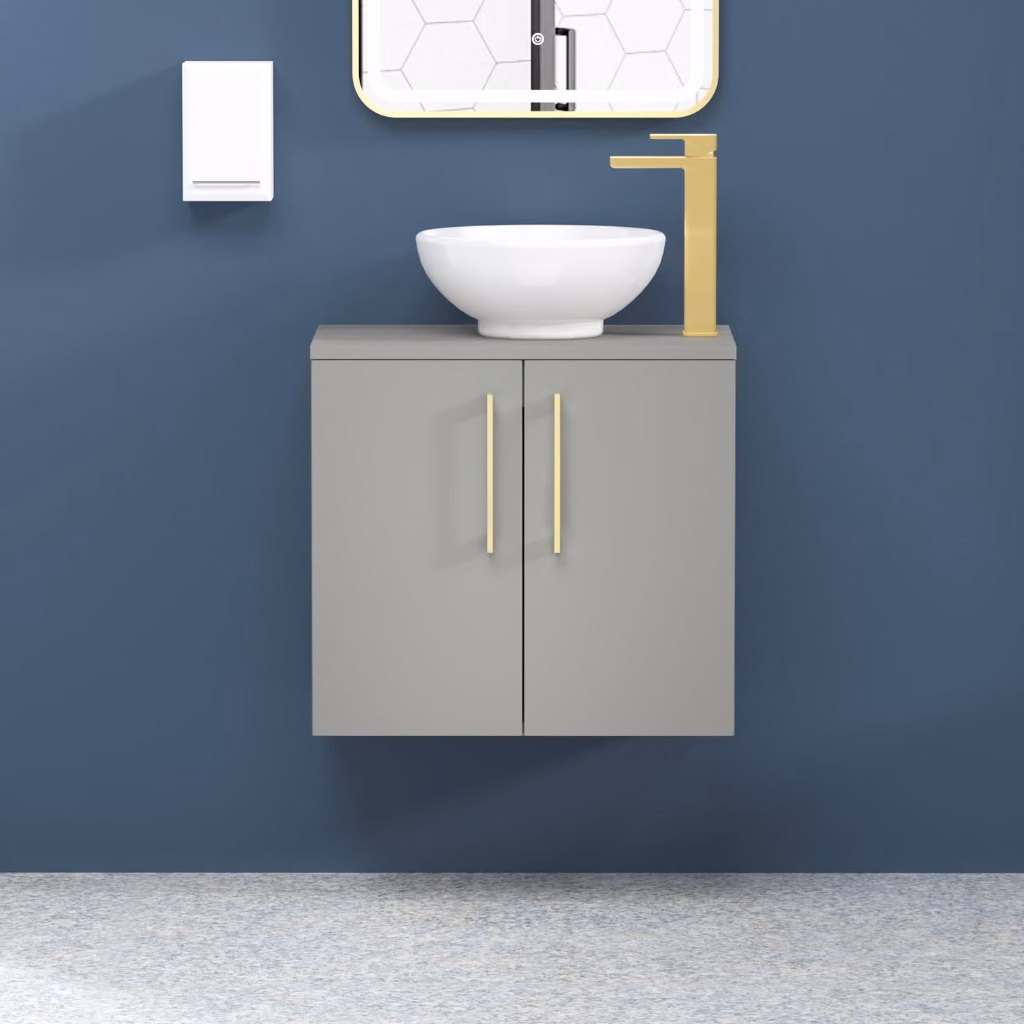 Royal Bathrooms Modena 800mm Wall Hung Vanity Unit in Satin Grey with 2 Soft Close Doors and Brushed Brass Handle and Countertop Basin