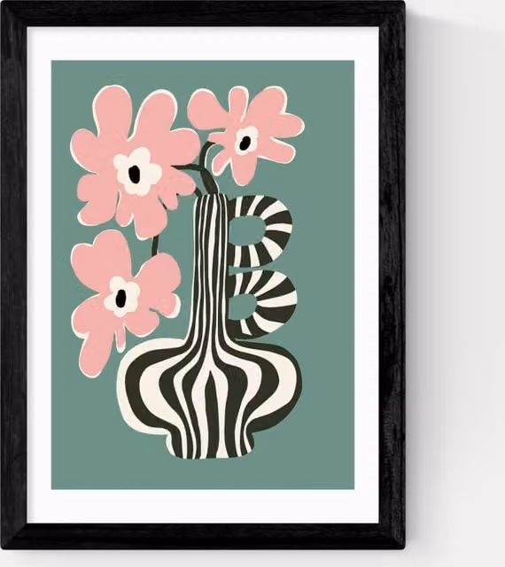 East End Prints Floral Botanical Stripe Framed Art in Black and Multicolour