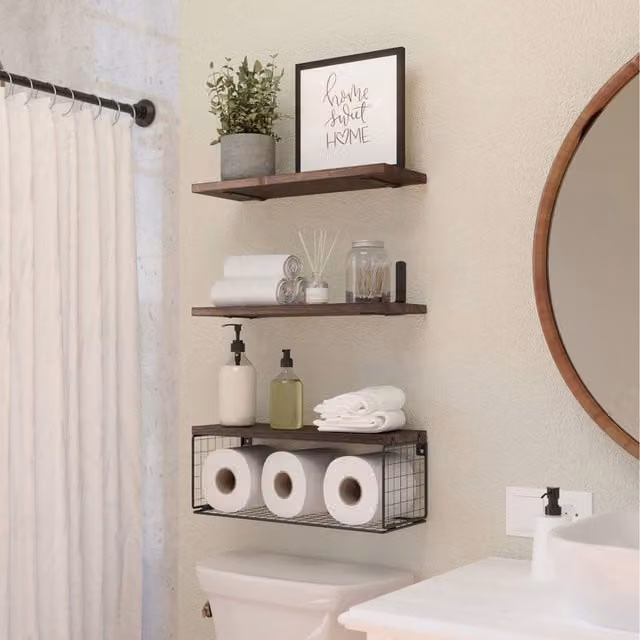 Komore Retro Wall Mounted Floating Shelf Set in Brown Wood and Metal