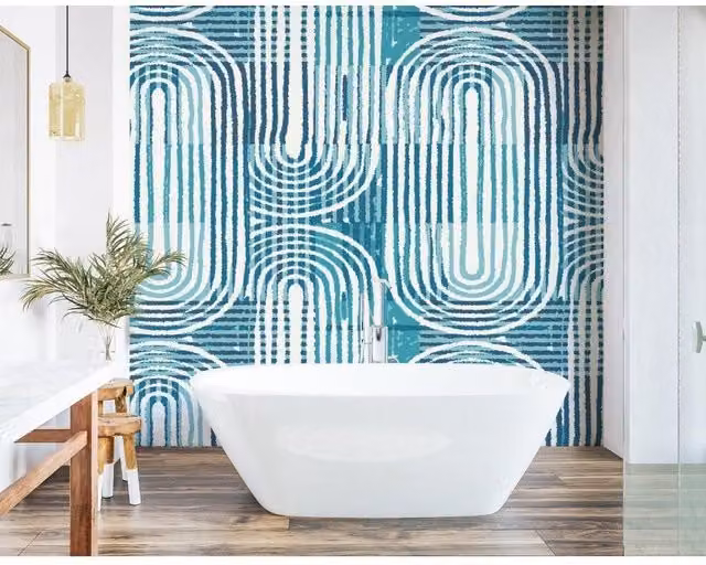 Origin Murals Blue Abstract Curved Line Mid-Century Texture Wall Mural, W: 350 cm, H: 280 cm