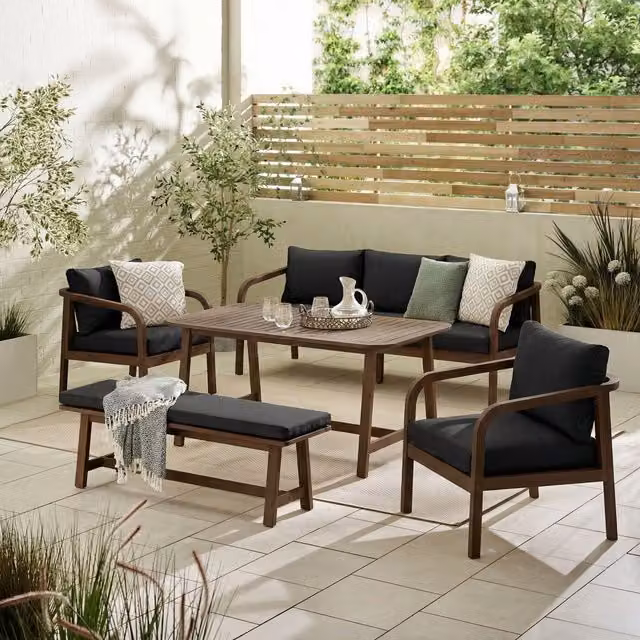 FurnitureboxUK Lydiard 8 Seat Garden Diner Set in Brown and Black Lacquered Acacia Wood