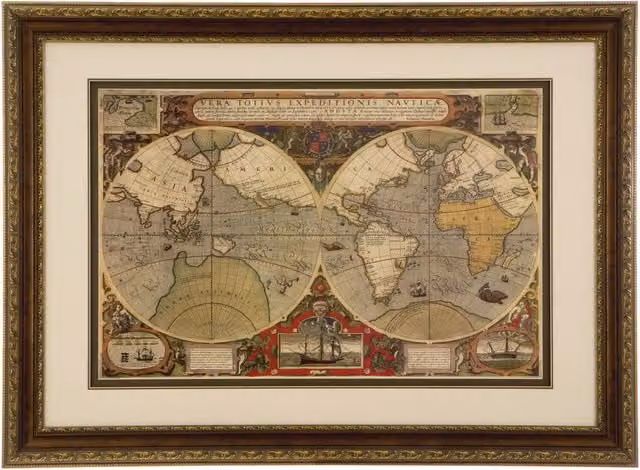 Orsina Global Antique World Map Framed Wall Art in Multicolour, Gold and Brown – 1