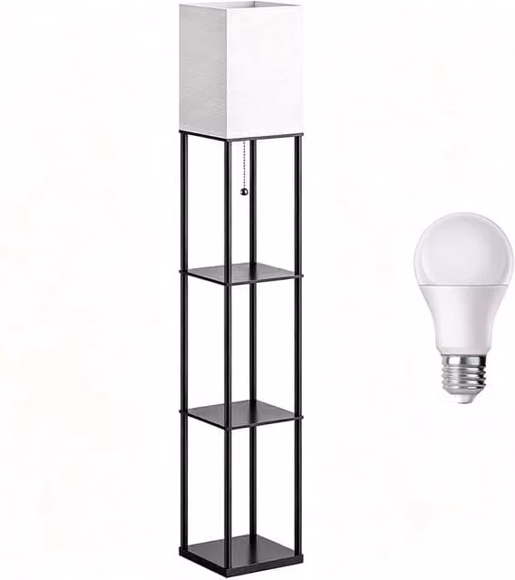 VOGREX Black 3-Colour Storage Shelf Floor Lamp with Fabric Shade for Living Room, Dining Room or Bedroom, H 158 x W 26 x D 26 cm