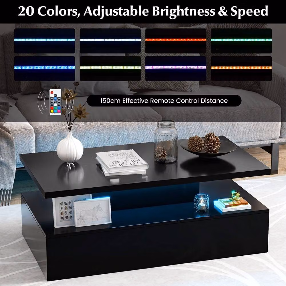 Costway Modern 2-Tier Rectangular Coffee Table with LED Light and Glass Panel in Black – 7