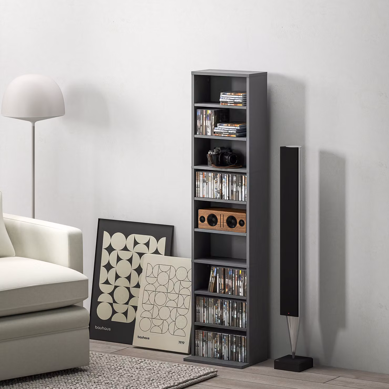HOMCOM 260 Narrow CD Storage Unit in Grey with Adjustable Shelves and Media Compartments – 2