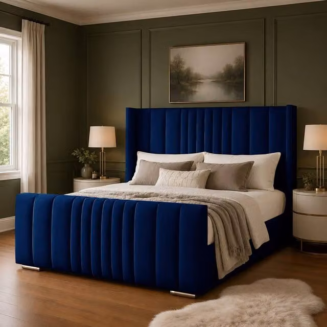 Desire Deco Luxury Austin Wingback Panel Bed Frame in Blue Velvet, Small Double