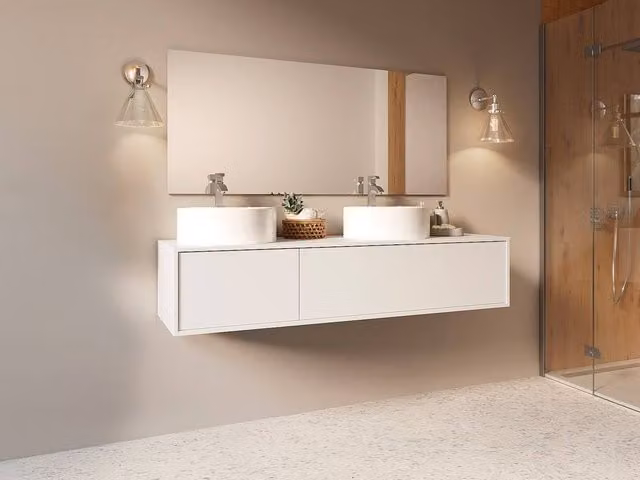 Vente-unique White Glossy Wall-Mounted Bathroom Vanity Unit with Double Round Stone Countertop, W: 150 cm, D: 47 cm, H: 32 cm