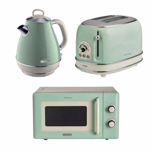 Ariete Vintage Breakfast Set in Green with 1.7l Jug Kettle, 2 Slice Toaster and Microwave