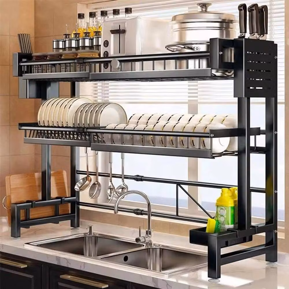 Kelvenix Double Layer Adjustable Over Sink Dish Drying Rack in Black – 5