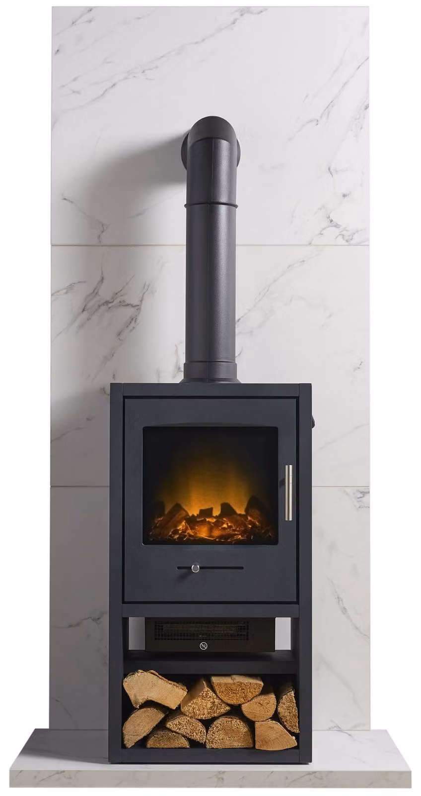 Acantha Bergen XL Stove and Tall Pipe Set with White Marble Effect Tile Hearth – 5