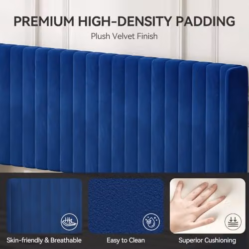 MCC Direct Charlie Velvet Upholstered Double Bed Frame in Blue, W/D/H: 141 x 200 x 105 cm – 3