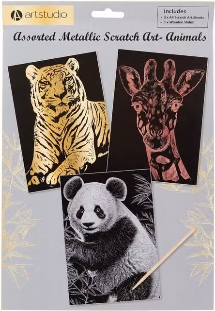Art Studio Assorted Animals Metallic Scratch Art for Children, Multicolour