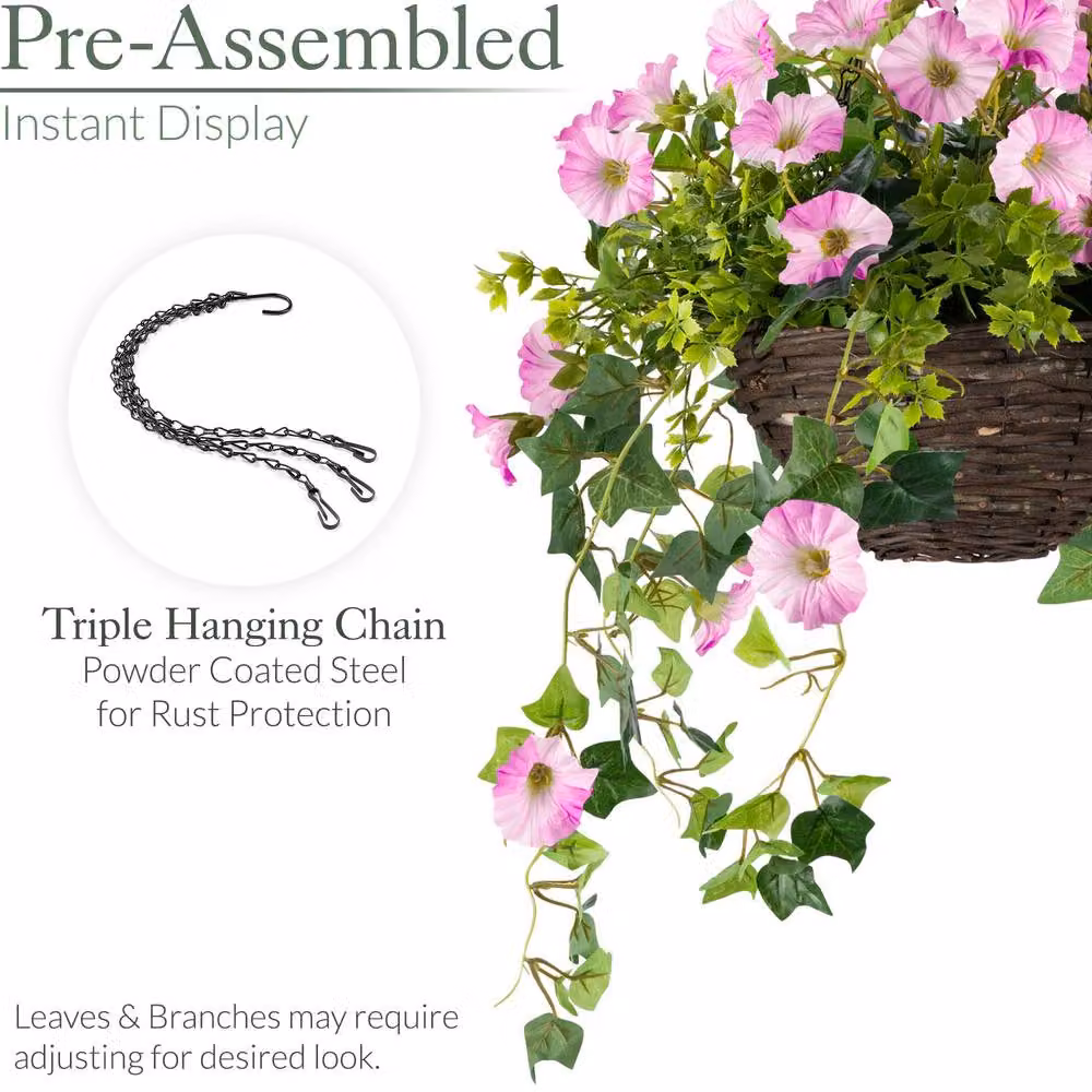 Christow Pink Artificial Petunia Wicker Hanging Basket with UV Resistant Foliage, Diameter: 25 cm – 6