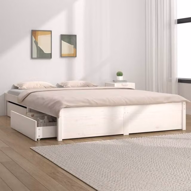 Berkfield Home White Rustic Pine Bed Frame with Drawers W: 160 cm, D: 200 cm