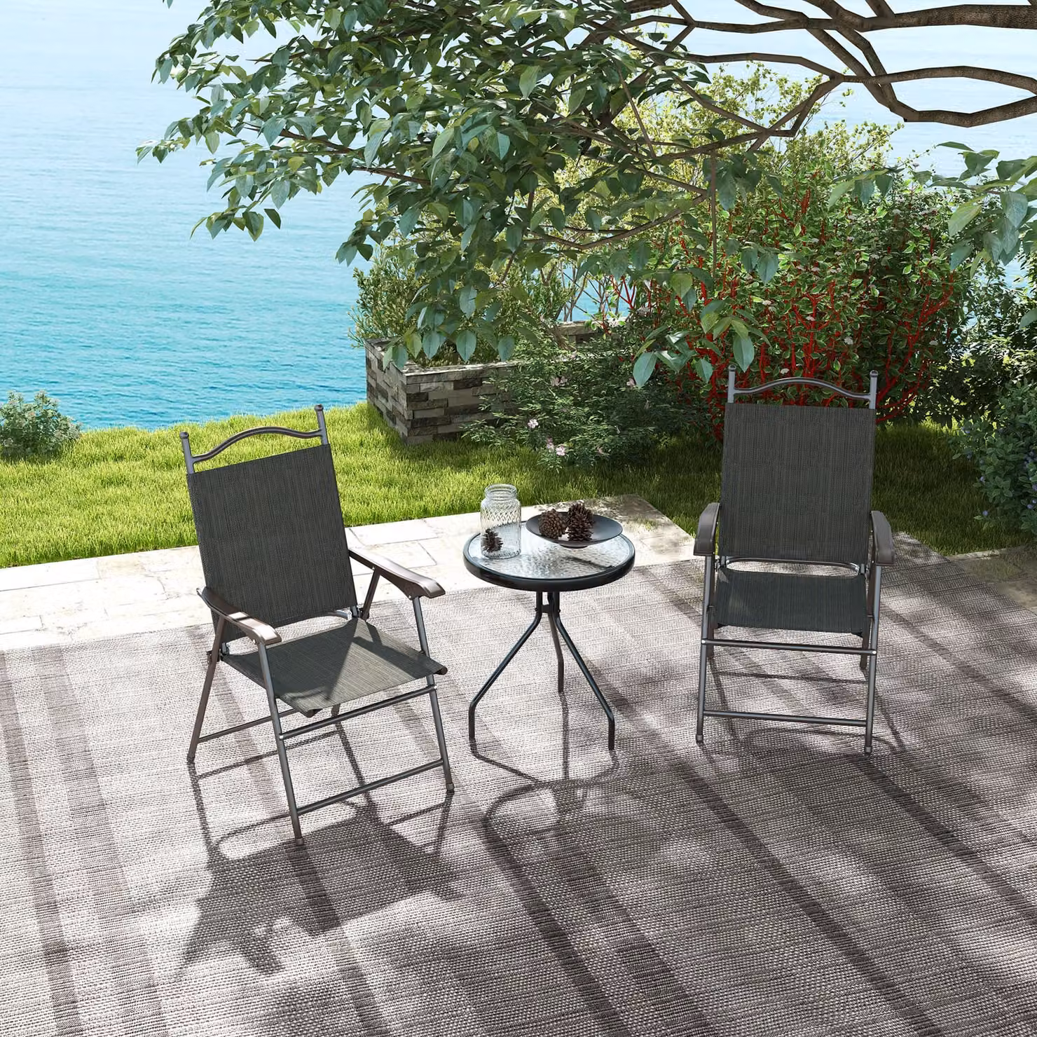 Outsunny Folding Chair Set with Armrests and Brown Textilene Mesh Fabric Seat – 7